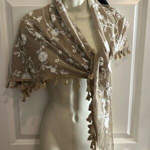 Howard’s tan & ivory embroidered sarong  , wrap or cover up with fringe tassels